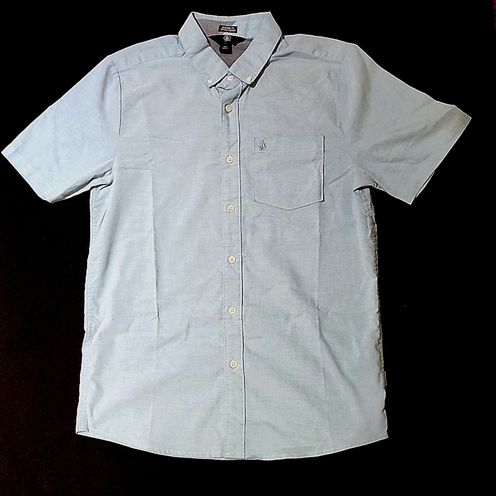 VOLCOM Oxford Button Down Short Sleeve Shirt, Light Sage Green, Men's Small